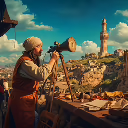 a man standing in front of a telescope near a tall building
