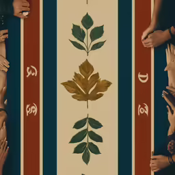 a group of people standing around a painting of leaves