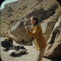 a woman in a yellow coat is standing by a suitcase