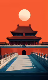 an asian building with many orange sky in the background