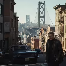 a man walking across the street on a city street