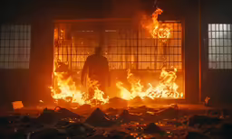 man standing in front of fire behind glass doors