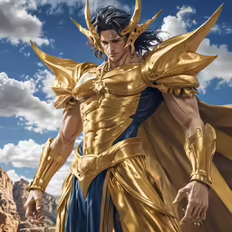 a statue of a male figure in a golden outfit