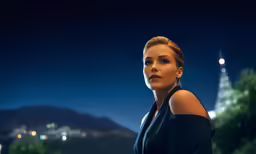 a woman standing in the moonlight in front of a castle
