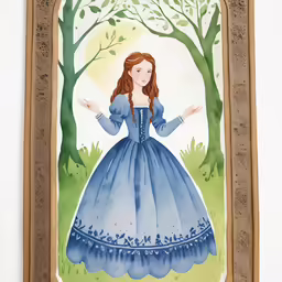a painting of a lady in blue with a forest scene