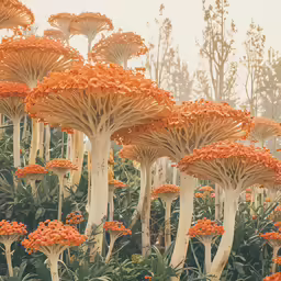 a bunch of tall orange mushrooms with red and white flowers
