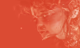 the profile of a woman with red hair blowing in the wind