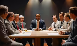 there are men sitting around a table having conversation
