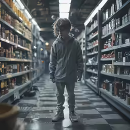 there is a young boy that is looking down at the shelves