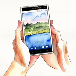 hands holding an electronic device displaying an image,two hands holding an electronic device up in the air