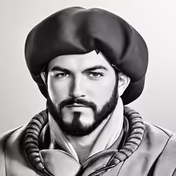 black and white portrait of a man wearing a hat and jacket