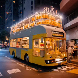 a yellow double deck bus parked by a curb