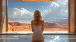 a girl in white sitting down staring out a window,a beautiful young woman sitting on a window ledge