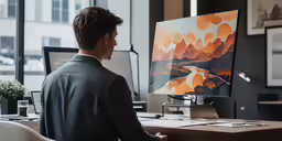 a man wearing a suit sitting at a desk in front of a large monitor