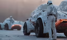 a person in white standing next to a car