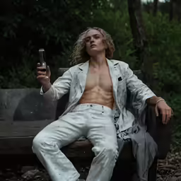 a man in white is sitting on a bench