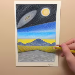 /tmp/FOOacZIH6.jpg = this is a drawing of a landscape with mountains
,/tmp/FOOacZIH6.jpg = the person is holding a pencil next to a drawing
,/tmp/FOOacZIH6.jpg = a person holds a pencil up to a drawing
,/tmp/FOOacZIH6.jpg = a drawing of an alien floating saucer hovering over the mountains
,/tmp/FOOacZIH6.jpg = someone drawing a sky on paper with a pencil
,/tmp/FOOacZIH6.jpg = a hand is holding a pencil drawing of a landscape
,/tmp/FOOacZIH6.jpg = a drawing of a distant planet with mountains
