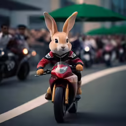 the rabbit rides a motorcycle down the street