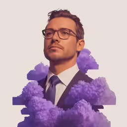 a man wearing a suit and tie and with some purple clouds on the background