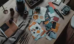 the table is covered with many different color papers
