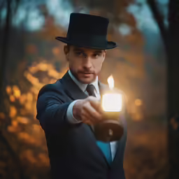 a man wearing a top hat is holding a candle