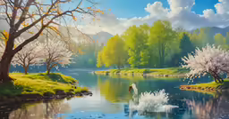 a person standing in the water next to a large swan