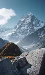 a mountain and rocks with snow on it