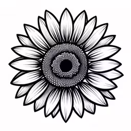 an illustration of a sunflower in black and white,a large sunflower with black and white outline drawings