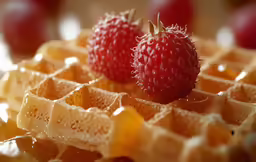a waffle with two red strawberries on top
