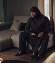 man in black outfit sitting on a couch