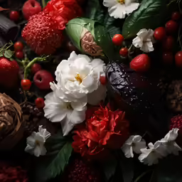 a bunch of berries and flowers are sitting together