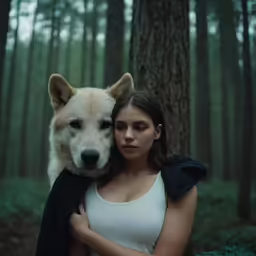 a woman and a wolf standing in the forest together