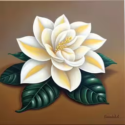 a flower that is sitting on a brown surface,large flower with green leaves painted on brown background