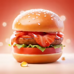a burger with some tomatoes on it on top of a table