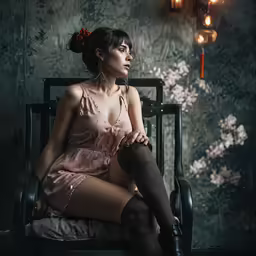 the woman is sitting in a chair with a flower on her hair