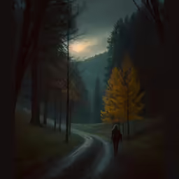 a person walks down a lonely road with a lot of trees