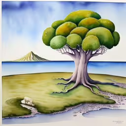 a painting of an earth type tree surrounded by mountains,an illustration of a large tree on land with mountains in the background