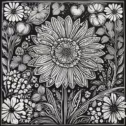 a drawing of a flower with white and black colors,a flower, with different petals and other things around it