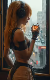 an image of a woman wearing headphones looking out a window