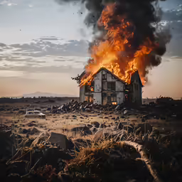 a very large house on fire near some rocks