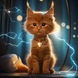 an orange kitten sitting in the middle of a night with lighting