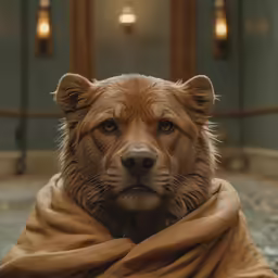 the big dog has a blanket on its head