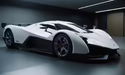 an extremely large sports car is parked in a dark space