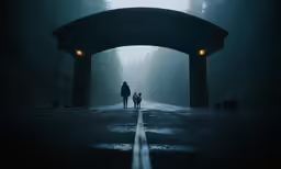 two people and a child walking away from the road