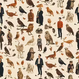 a large variety of birds and people all on white