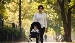 a woman pushing a stroller along with her baby