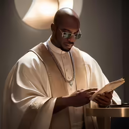 a man reading the holy book wearing sunglasses