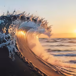 a wave crashing on the beach during a beautiful sunset