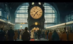 a large group of people stand outside a train station