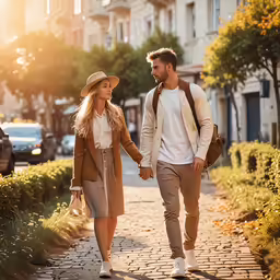 a couple of people walking down the street